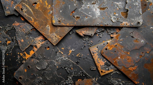 industrial still life with corroded metal plates cut out on black