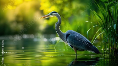 majestic heron wading through tranquil marsh with lush green reeds in the background wildlife