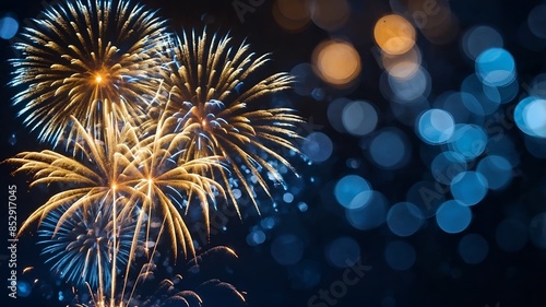 Colorful fireworks lighting up the night sky in blue and gold