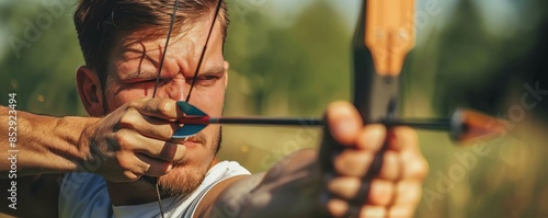 Olympic archer aiming at target, closeup shot, intense concentration, detailed bow and arrow, side angle, natural lighting, realistic field background