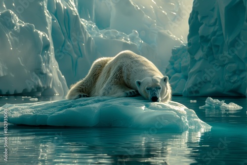 Polar bear resting on a dwindling iceberg, illustrating the threat of habitat loss caused by global warming.