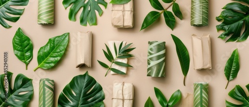 Arrangement of biodegradable packaging with different leaves, showcasing eco-friendly and natural materials