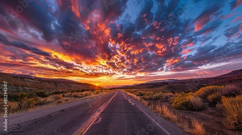 Stunning sunset scenery over an open road with vibrant colors and a dramatic sky creating a captivating scenic view in a serene rural landscape.