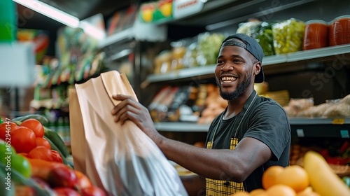 A delivery man smiling as he hands over a grocery bag to a customer, illustrating the joy of receiving fresh food