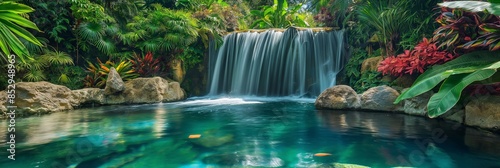 A tranquil stream with a serene waterfall surrounded by lush foliage, creating a sense of peace.