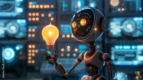 KI Roboter hält eine leuchtende Glühbirne in der Hand lässt Glühbirne schweben wie ein Hologramm Zukunftsvision von moderner KI Generative AI