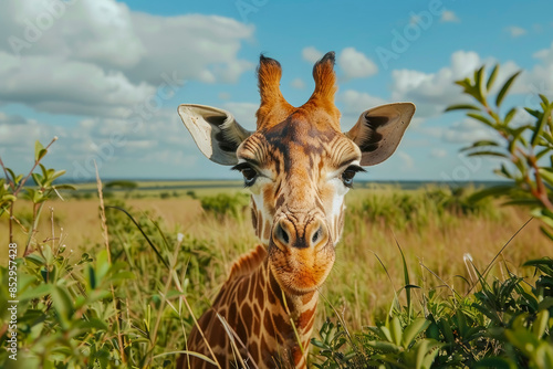 A funny giraffe with bulging eyes and a stupid grin peeking out from behind a tree in the savanna. His playful expression adds humor.