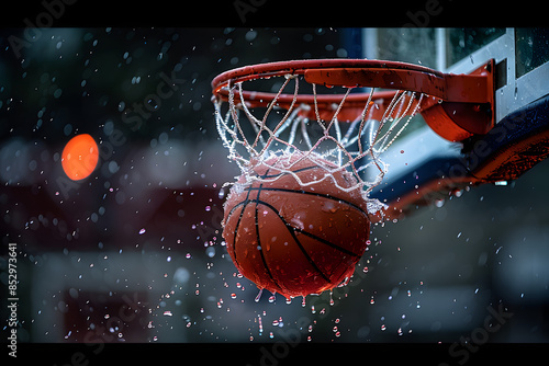 Basketball scoring a basket as it goes through the hoop and making a swish in the net