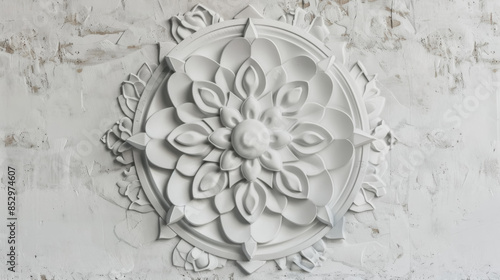 Volumetric mandala on light plaster wall, closeup