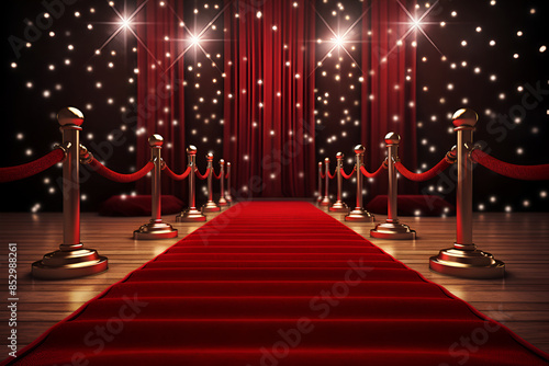 Luxurious red carpet path with stanchions and velvet ropes leading to a grand stage