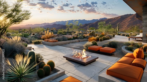 desert retreat patio with native plantings, earth-tone cushions, and a central fire feature, providing a sustainable and stylish way to enjoy the rugged landscape