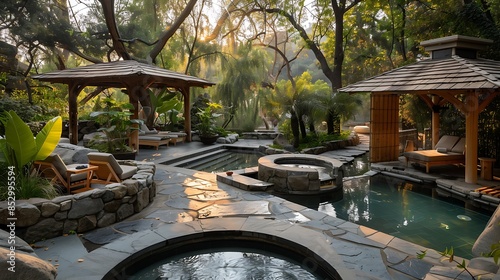 luxurious outdoor spa and bathhouse, featuring natural hot springs, stone pools, and private cabanas nestled in a secluded garden for ultimate relaxation and rejuvenation