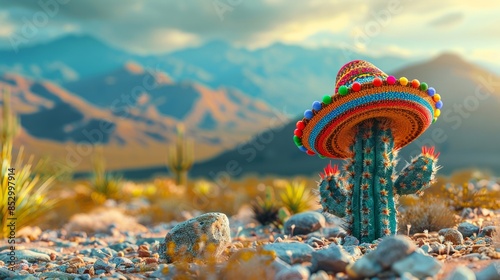 Cactus in Colorful Sombrero in Desert Landscape with Mountains