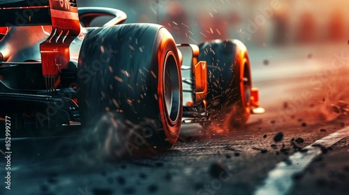 Closeup shot of a Formula One cars tires gripping the track at high speed, dust and particles flying, capturing the raw power and engineering marvel of racing vehicles isolated for emphasis