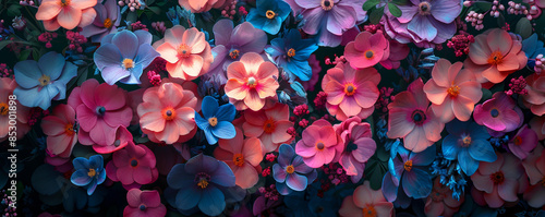 art background with colorful pink, blue and purple spring flowers