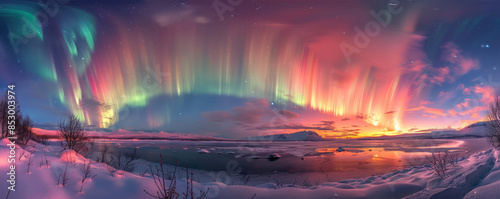 A breathtaking panorama of the Northern Lights, their vibrant colors dancing across the night sky, creating a mesmerizing spectacle.