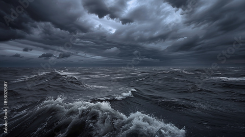 Une mer agitée sous un ciel sombre et chargé. 