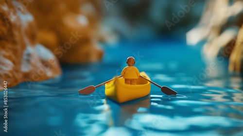 3D illustration of a miniature figure rowing yellow canoe down a blue river.