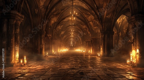 Gothic Underground Hallway Lit with Flickering Candlelight