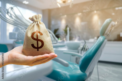 Money bag on the background of a dental chair. Finance savings for dental treatment at the dentist.