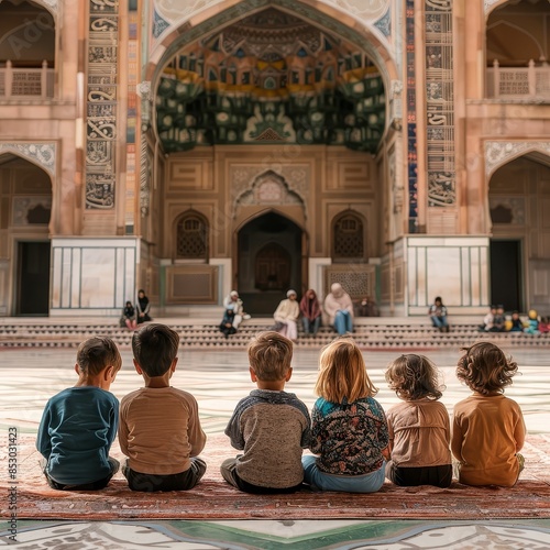 Children attending a story-telling event in the courtyard of a mosque, learning about its history and significance