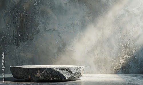 A matte gray stone pedestal on a concrete table, with a subtle gradient backdrop