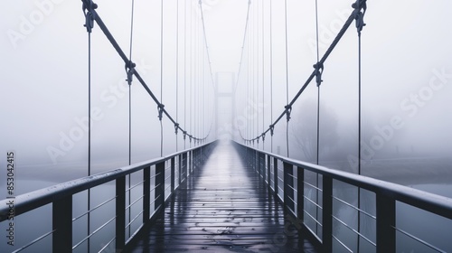 A contemporary bridge with cables vanishing into thick fog, creating a mysterious atmosphere