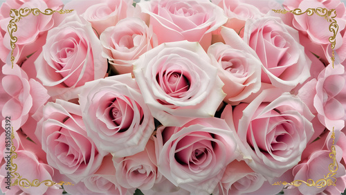 Hermosa invitación nupcial con un arreglo exquisito de rosas rosadas, acentuado con detalles dorados que anuncian la unión de una pareja en una boda llena de amor y romance