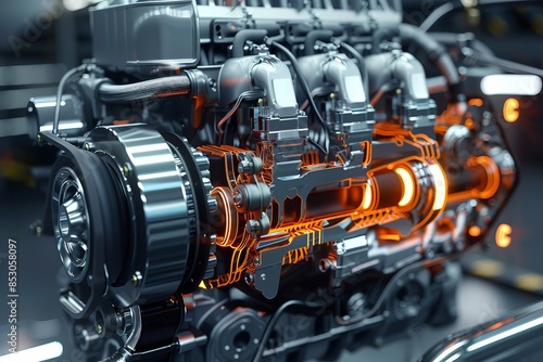 Close up of high quality cutaway view of new car engine concept in detailed photo