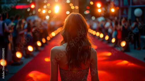 Beautiful actress on red carpet, crowd of photographers around her, view from behind