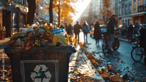 Overflowing trash bins on a narrow city street, with litter scattered around, highlighting the challenges of urban waste management and environmental pollution.