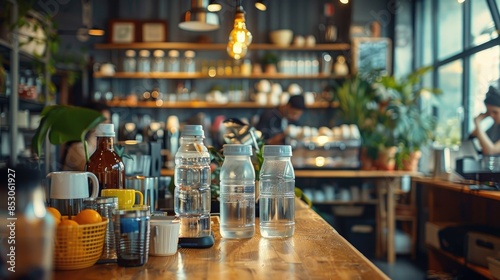 Coffee shop interior with glass jars and bottles on a wooden counter, using reusable coffee cups and water bottles.