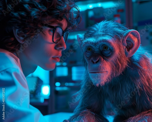 A young scientist gazes into the eyes of a chimpanzee in a laboratory. AI.