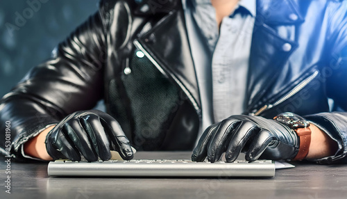 Hacker Wearing Black Gloves Types on Keyboard in Dark Room