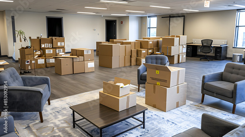 Un bureau en cours de déménagement avec de nombreuses boîtes en carton et quelques meubles.