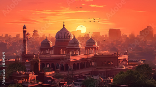 A beautiful sunset over a city with a large red building in the background