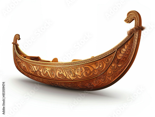 llustration of a traditional Polynesian outrigger canoe, decorated with intricate carvings, isolated on a white background, detailed and realistic, cultural heritage, sharp focusvector illustrations