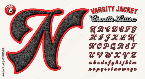A collection of collegiate varsity style letters with 3d chenille fabric patch effect
