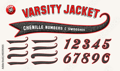 A collection of collegiate varsity style numbers and swooshes with 3d chenille fabric patch effect.