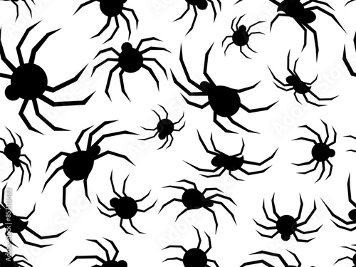 Black widow seamless pattern. Black silhouettes of spiders on a white background. View of the spider from the side and from above. Design for print, banner and poster. Vector illustration