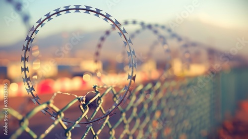  A tight shot of a chain-link fence, with a cityscape's indistinct backdrop, and a mountain in the distance
