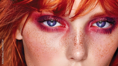  A close-up of a woman's red-haired face adorned with freckled makeup and natural freckles