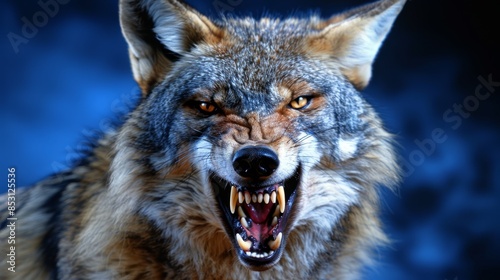  A close-up of a wolf's face with its mouth open widely