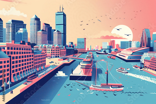 Risograph print travel poster illustration of Boston Massachusetts, modern, isolated, clear, simple. Artistic, stylistic, screen printing, stencil, stencilled, digital duplication. Banner, wallpaper