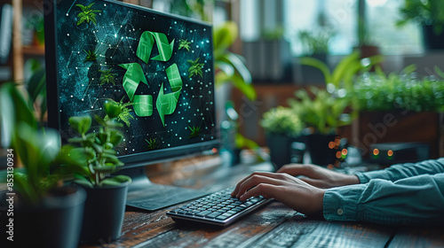 A green business company with an environmentally friendly waste management regulatory concept. A businessman uses a computer to analyze and plan waste recycling for a corporation. 