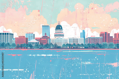Risograph print travel poster illustration of Madison, Wisconsin, modern, isolated, clear and simple. Artistic, stylistic, screen printing, stencil, stencilled, digital duplication. Banner, wallpaper