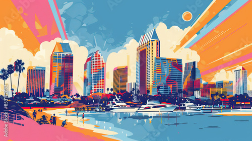 Risograph print travel poster illustration of San Diego, California, USA, modern, isolated, clear and simple. Artistic, stylistic, screen printing, stencil, stencilled, digital duplication