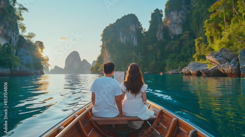 Couple in honeymoon visiting Thailand islands on a boat