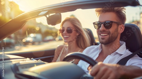 Happy couple travelling by convertible car. Joyful ride on the summer road. Generative ai