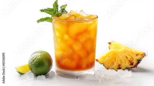 A mai tai, a tropical cocktail with a blend of rum, lime juice, orgeat syrup, and orange liqueur, topped with a sprig of mint and a pineapple slice